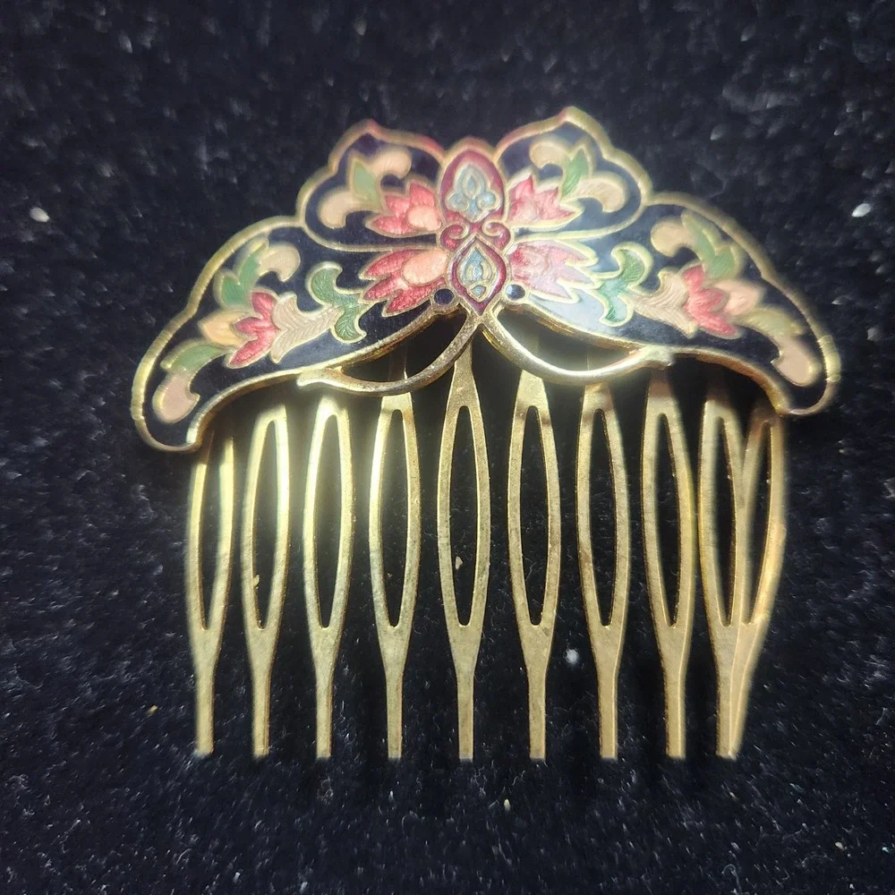 Vintage Cloisonne Enamel Butterfly Hair Comb Gold Tone Pink Green Floral 2.5